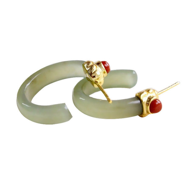Buddha Stones Round Hoop Design Hetian Jade Copper Plated Gold Harmony Earrings - image 8