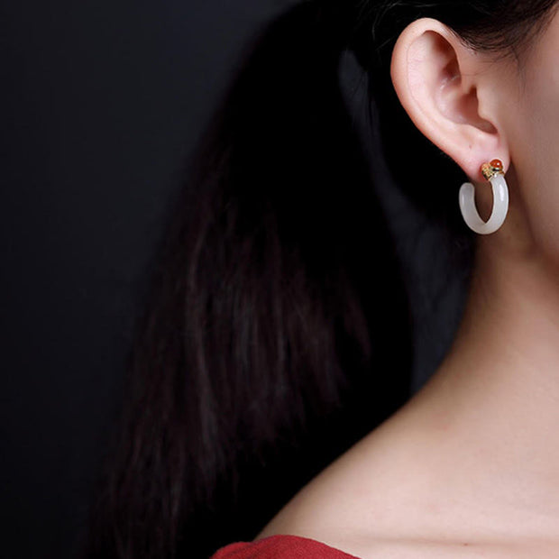 Buddha Stones Round Hoop Design Hetian Jade Copper Plated Gold Harmony Earrings - image 20