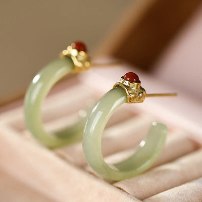 Buddha Stones Round Hoop Design Hetian Jade Copper Plated Gold Harmony Earrings - Jade - image 0