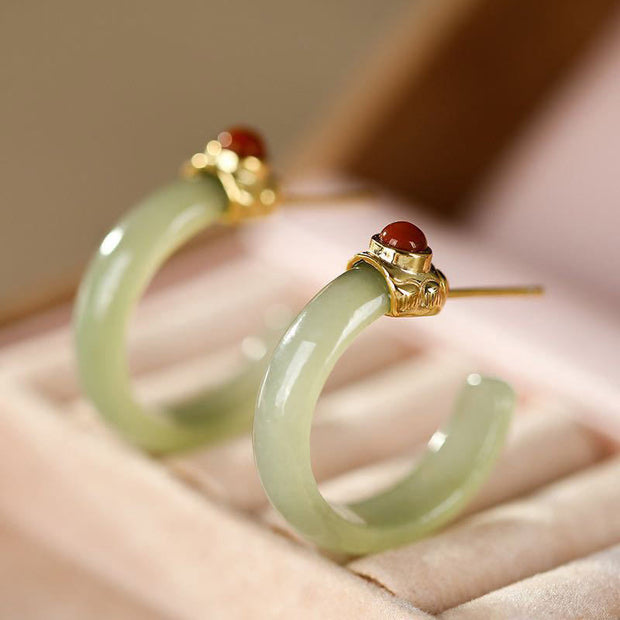 Buddha Stones Round Hoop Design Hetian Jade Copper Plated Gold Harmony Earrings - Jade - image 0