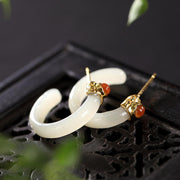 Buddha Stones Round Hoop Design Hetian Jade Copper Plated Gold Harmony Earrings - White Jade - image 13