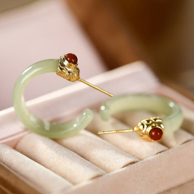 Buddha Stones Round Hoop Design Hetian Jade Copper Plated Gold Harmony Earrings - image 6