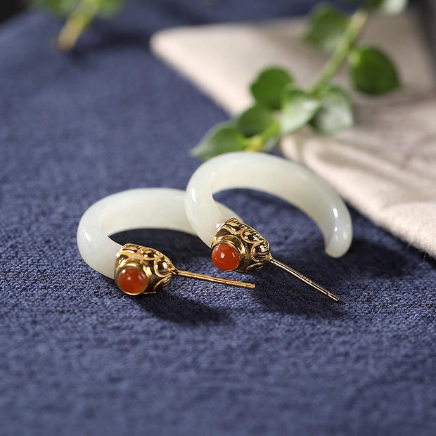 Buddha Stones Round Hoop Design Hetian Jade Copper Plated Gold Harmony Earrings - image 17
