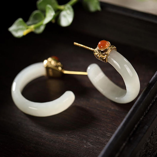 Buddha Stones Round Hoop Design Hetian Jade Copper Plated Gold Harmony Earrings - image 15