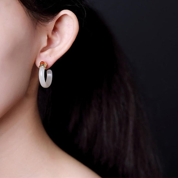 Buddha Stones Round Hoop Design Hetian Jade Copper Plated Gold Harmony Earrings - image 21