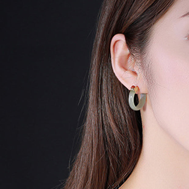 Buddha Stones Round Hoop Design Hetian Jade Copper Plated Gold Harmony Earrings - image 9