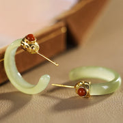 Buddha Stones Round Hoop Design Hetian Jade Copper Plated Gold Harmony Earrings - image 1