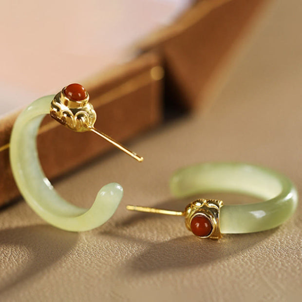 Buddha Stones Round Hoop Design Hetian Jade Copper Plated Gold Harmony Earrings - image 1