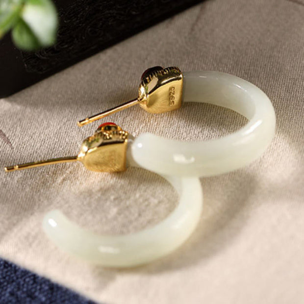 Buddha Stones Round Hoop Design Hetian Jade Copper Plated Gold Harmony Earrings - image 19