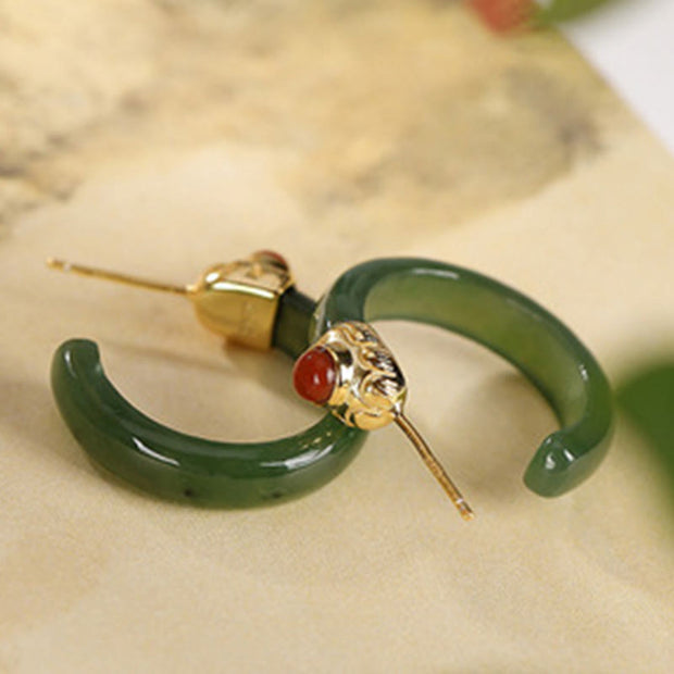 Buddha Stones Round Hoop Design Hetian Jade Copper Plated Gold Harmony Earrings - Cyan Jade - image 23
