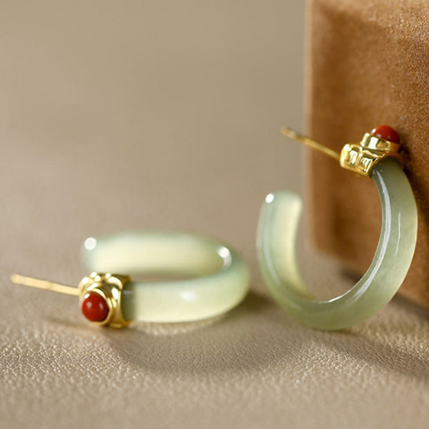 Buddha Stones Round Hoop Design Hetian Jade Copper Plated Gold Harmony Earrings - image 7