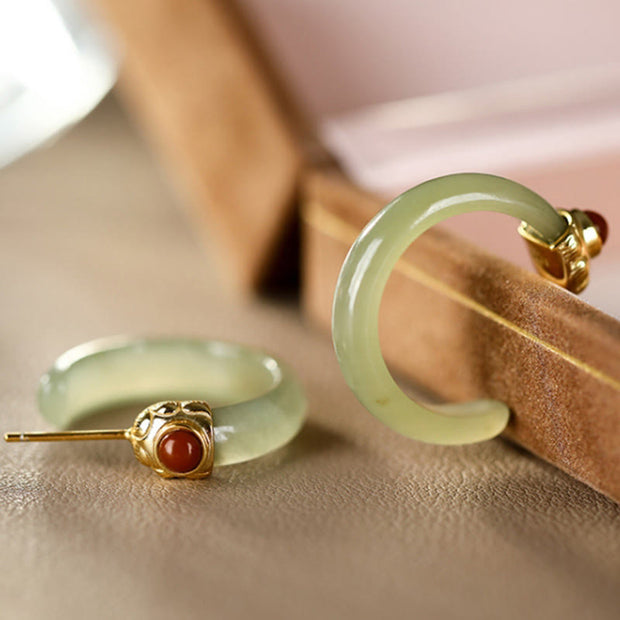 Buddha Stones Round Hoop Design Hetian Jade Copper Plated Gold Harmony Earrings - image 2