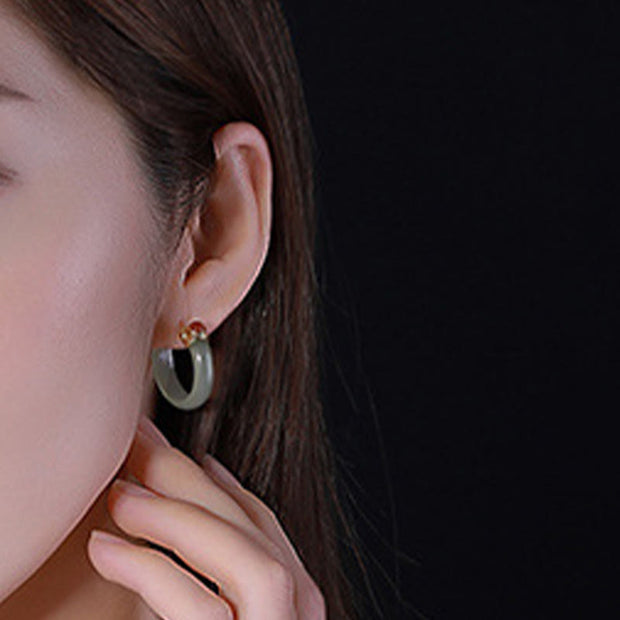 Buddha Stones Round Hoop Design Hetian Jade Copper Plated Gold Harmony Earrings - image 10