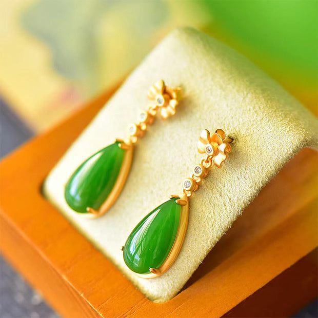 Buddha Stones Waterdrop Design Green Jasper Copper Plated Gold Balance Earrings - image 1