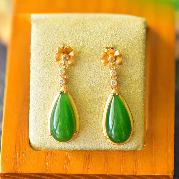 Buddha Stones Waterdrop Design Green Jasper Copper Plated Gold Balance Earrings - Green Jasper(Size: 10*30mm) - image 0