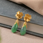 Buddha Stones Magnolia Flower Green Jasper Cyan Jade Magnolia Copper Plated Gold Balance Earrings - Cyan Jade - image 10