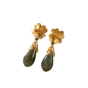 Buddha Stones Magnolia Flower Green Jasper Cyan Jade Magnolia Copper Plated Gold Balance Earrings - image 7
