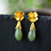 Buddha Stones Magnolia Flower Green Jasper Cyan Jade Magnolia Copper Plated Gold Balance Earrings - image 11
