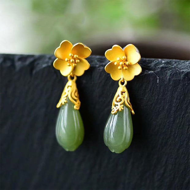 Buddha Stones Magnolia Flower Green Jasper Cyan Jade Magnolia Copper Plated Gold Balance Earrings - image 11
