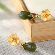 Buddha Stones Magnolia Flower Green Jasper Cyan Jade Magnolia Copper Plated Gold Balance Earrings - image 6