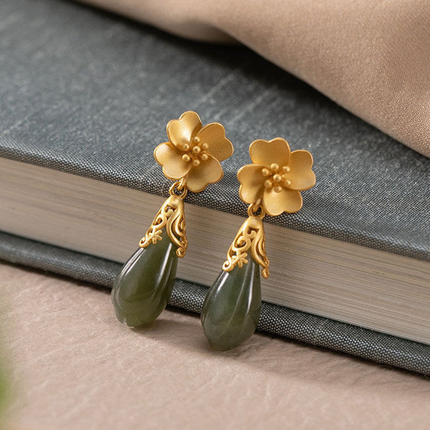 Buddha Stones Magnolia Flower Green Jasper Cyan Jade Magnolia Copper Plated Gold Balance Earrings - Green Jasper - image 1