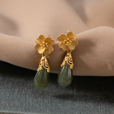 Buddha Stones Magnolia Flower Green Jasper Cyan Jade Magnolia Copper Plated Gold Balance Earrings - image 0