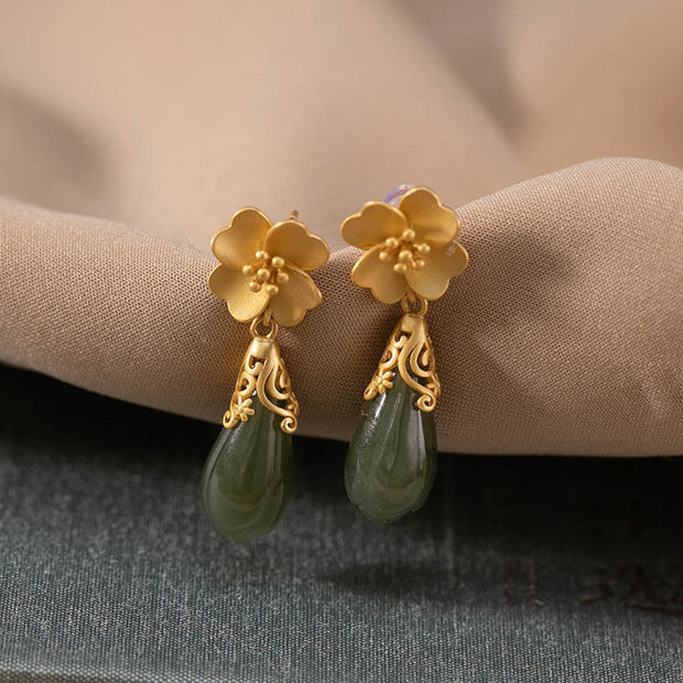 Buddha Stones Magnolia Flower Green Jasper Cyan Jade Magnolia Copper Plated Gold Balance Earrings - image 0