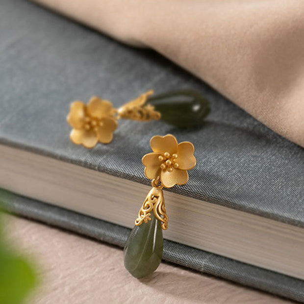 Buddha Stones Magnolia Flower Green Jasper Cyan Jade Magnolia Copper Plated Gold Balance Earrings - image 2