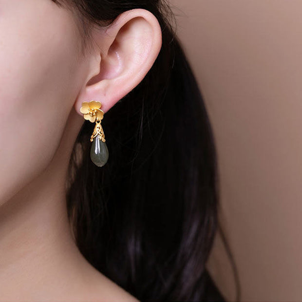 Buddha Stones Magnolia Flower Green Jasper Cyan Jade Magnolia Copper Plated Gold Balance Earrings - image 8