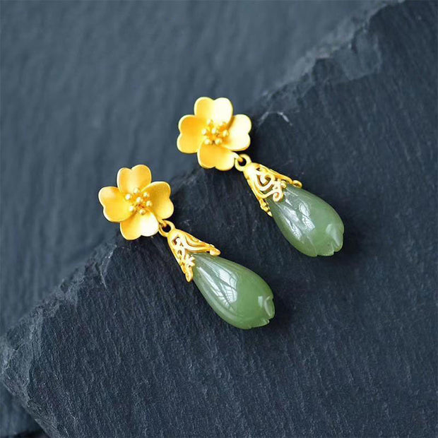 Buddha Stones Magnolia Flower Green Jasper Cyan Jade Magnolia Copper Plated Gold Balance Earrings - image 12