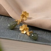 Buddha Stones Magnolia Flower Green Jasper Cyan Jade Magnolia Copper Plated Gold Balance Earrings - image 3