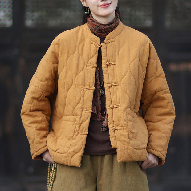 Buddha Stones Winter Curved Lines Frog-Button Ramie Cotton Long Sleeve Women's Thermal Jacket With Pockets - image 1