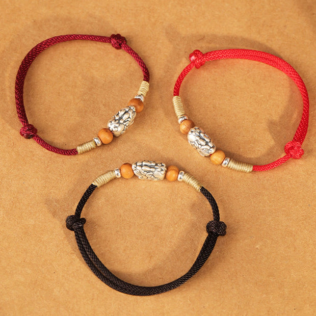 Buddha Stones 999 Sterling Silver Pixiu Charm Peach Wood Bead Handmade String Braided Bracelet Anklet - image 24