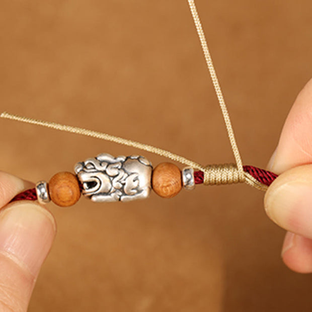 Buddha Stones 999 Sterling Silver Pixiu Charm Peach Wood Bead Handmade String Braided Bracelet Anklet - image 4