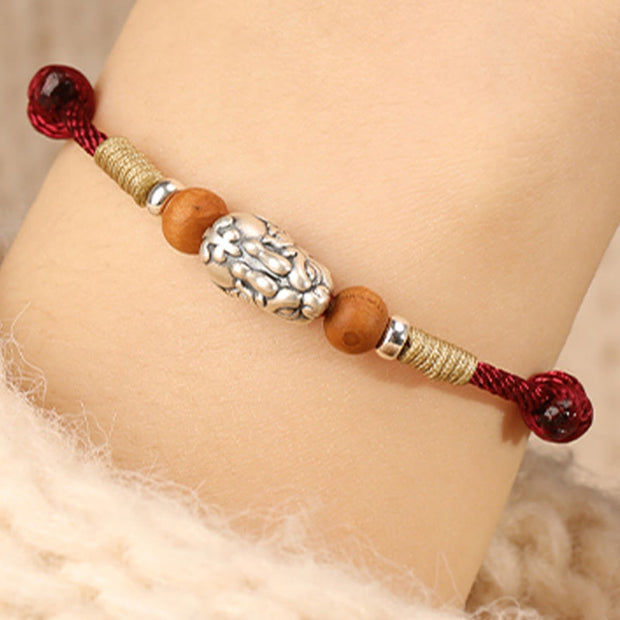 Buddha Stones 999 Sterling Silver Pixiu Charm Peach Wood Bead Handmade String Braided Bracelet Anklet - image 7