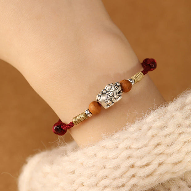 Buddha Stones 999 Sterling Silver Pixiu Charm Peach Wood Bead Handmade String Braided Bracelet Anklet - image 9