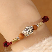 Buddha Stones 999 Sterling Silver Pixiu Charm Peach Wood Bead Handmade String Braided Bracelet Anklet - image 6