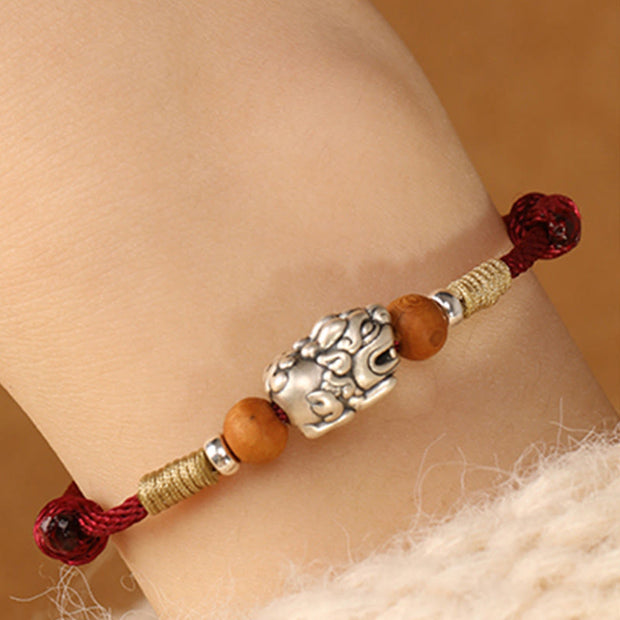 Buddha Stones 999 Sterling Silver Pixiu Charm Peach Wood Bead Handmade String Braided Bracelet Anklet - image 6