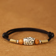 Buddha Stones 999 Sterling Silver Pixiu Charm Peach Wood Bead Handmade String Braided Bracelet Anklet - Black String Anklet - image 18