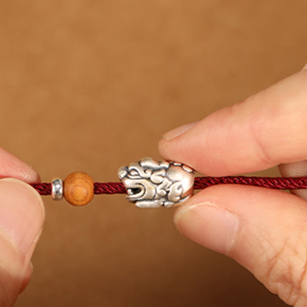 Buddha Stones 999 Sterling Silver Pixiu Charm Peach Wood Bead Handmade String Braided Bracelet Anklet - image 5