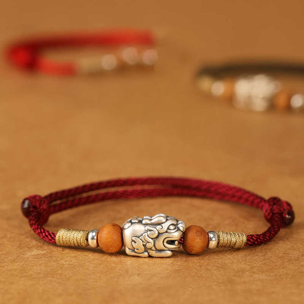 Buddha Stones 999 Sterling Silver Pixiu Charm Peach Wood Bead Handmade String Braided Bracelet Anklet - image 0