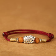 Buddha Stones 999 Sterling Silver Pixiu Charm Peach Wood Bead Handmade String Braided Bracelet Anklet - Darkred String Anklet - image 1