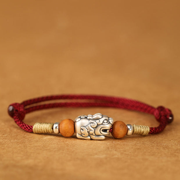 Buddha Stones 999 Sterling Silver Pixiu Charm Peach Wood Bead Handmade String Braided Bracelet Anklet - Darkred String Anklet - image 1