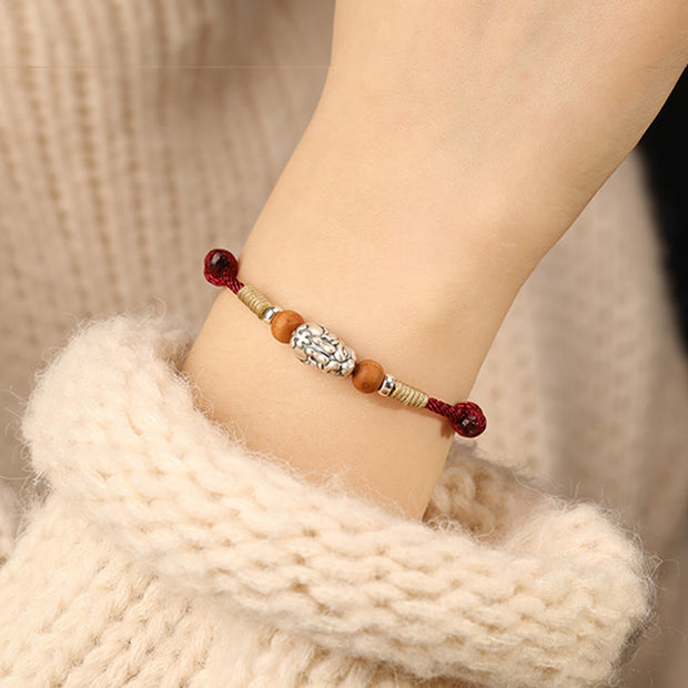 Buddha Stones 999 Sterling Silver Pixiu Charm Peach Wood Bead Handmade String Braided Bracelet Anklet - image 10