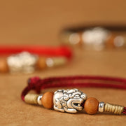 Buddha Stones 999 Sterling Silver Pixiu Charm Peach Wood Bead Handmade String Braided Bracelet Anklet - image 3