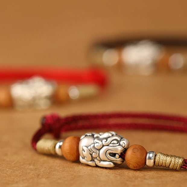 Buddha Stones 999 Sterling Silver Pixiu Charm Peach Wood Bead Handmade String Braided Bracelet Anklet - image 3