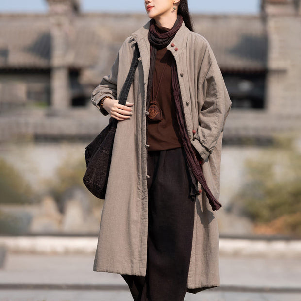 Buddha Stones Winter Solid Frog-Button Ramie Cotton Women's Long Sleeve Thermal Coat With Pockets - Tan - US6，UK/AU10，EU38 (M) - image 24