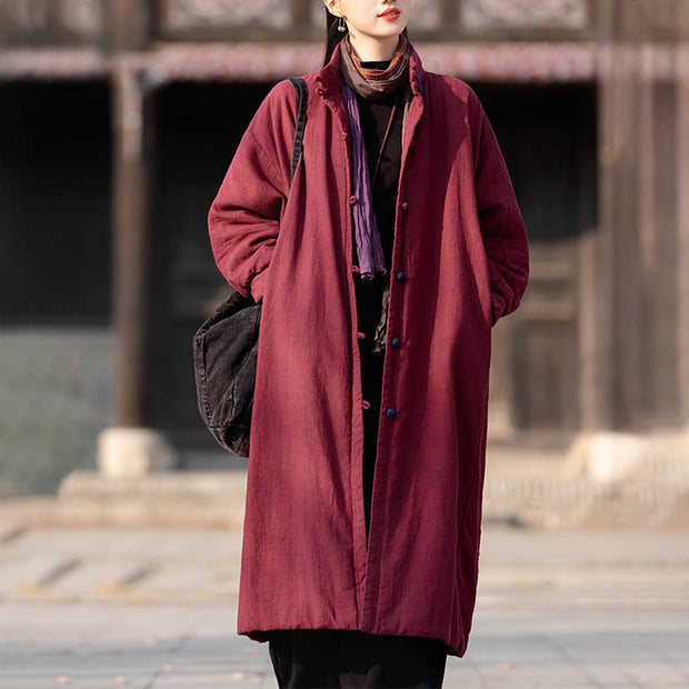 Buddha Stones Winter Solid Frog-Button Ramie Cotton Women's Long Sleeve Thermal Coat With Pockets - image 16