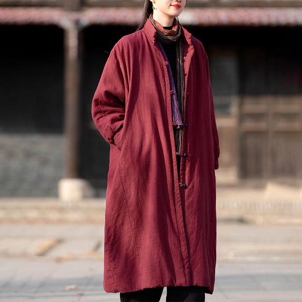 Buddha Stones Winter Solid Frog-Button Ramie Cotton Women's Long Sleeve Thermal Coat With Pockets - image 11