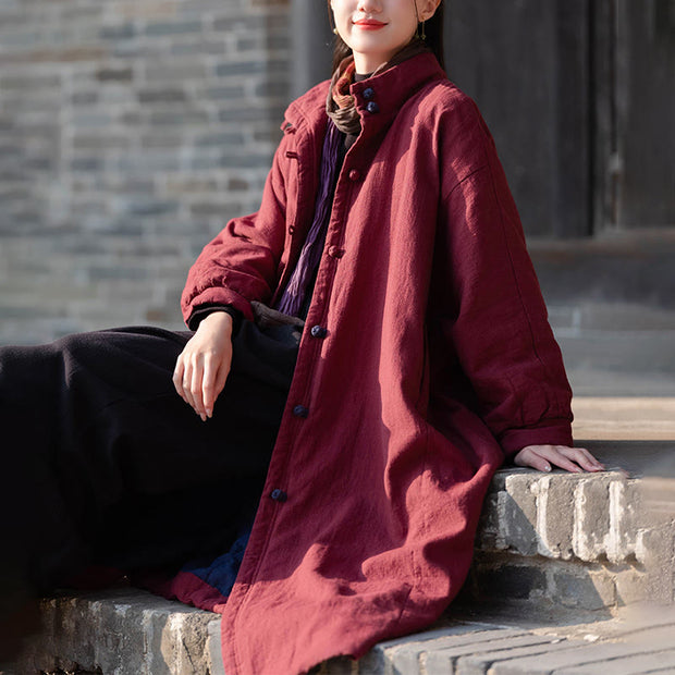 Buddha Stones Winter Solid Frog-Button Ramie Cotton Women's Long Sleeve Thermal Coat With Pockets - image 21